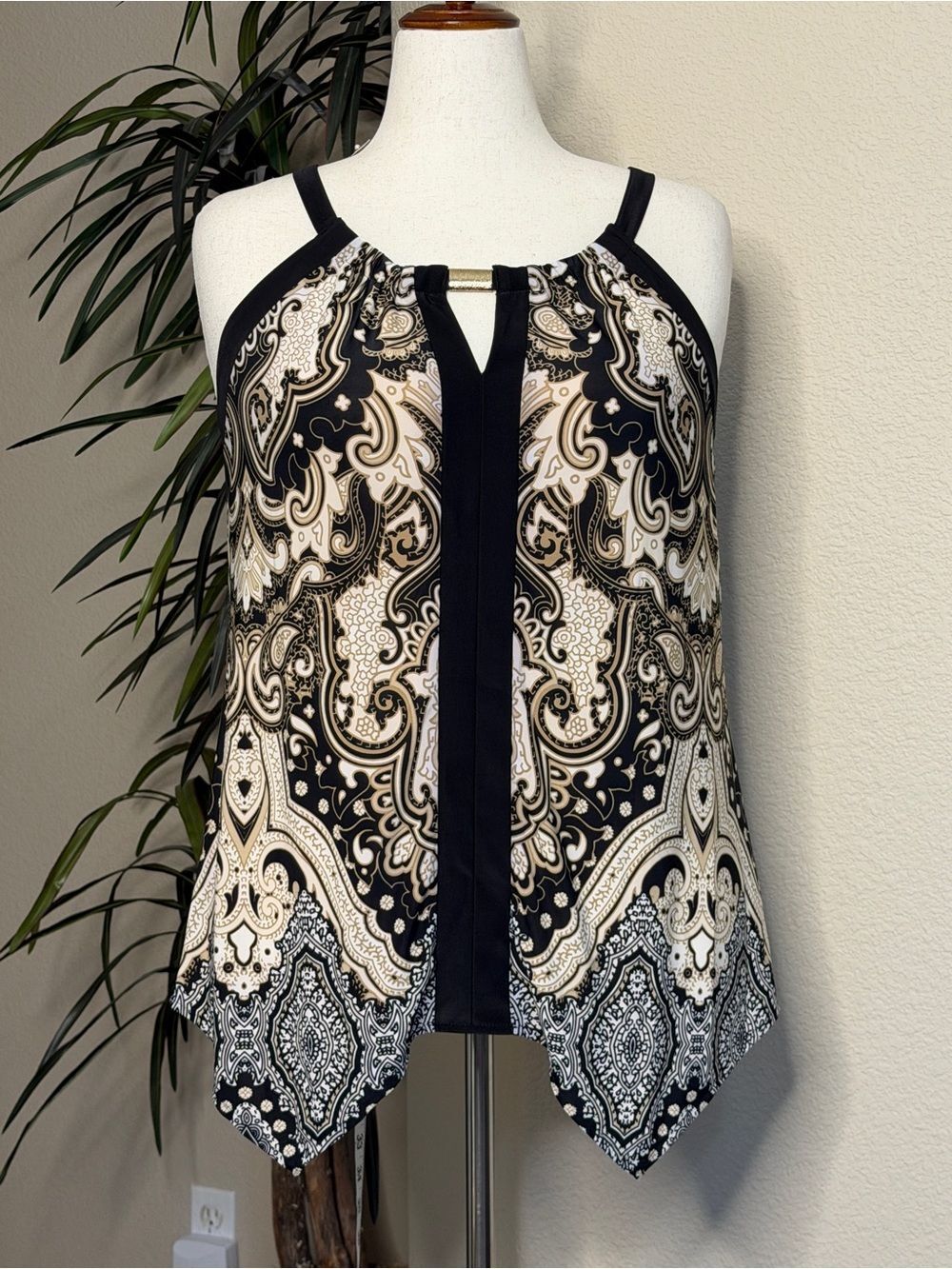 INC International Concepts Black and Cream Paisley Halter Tank
